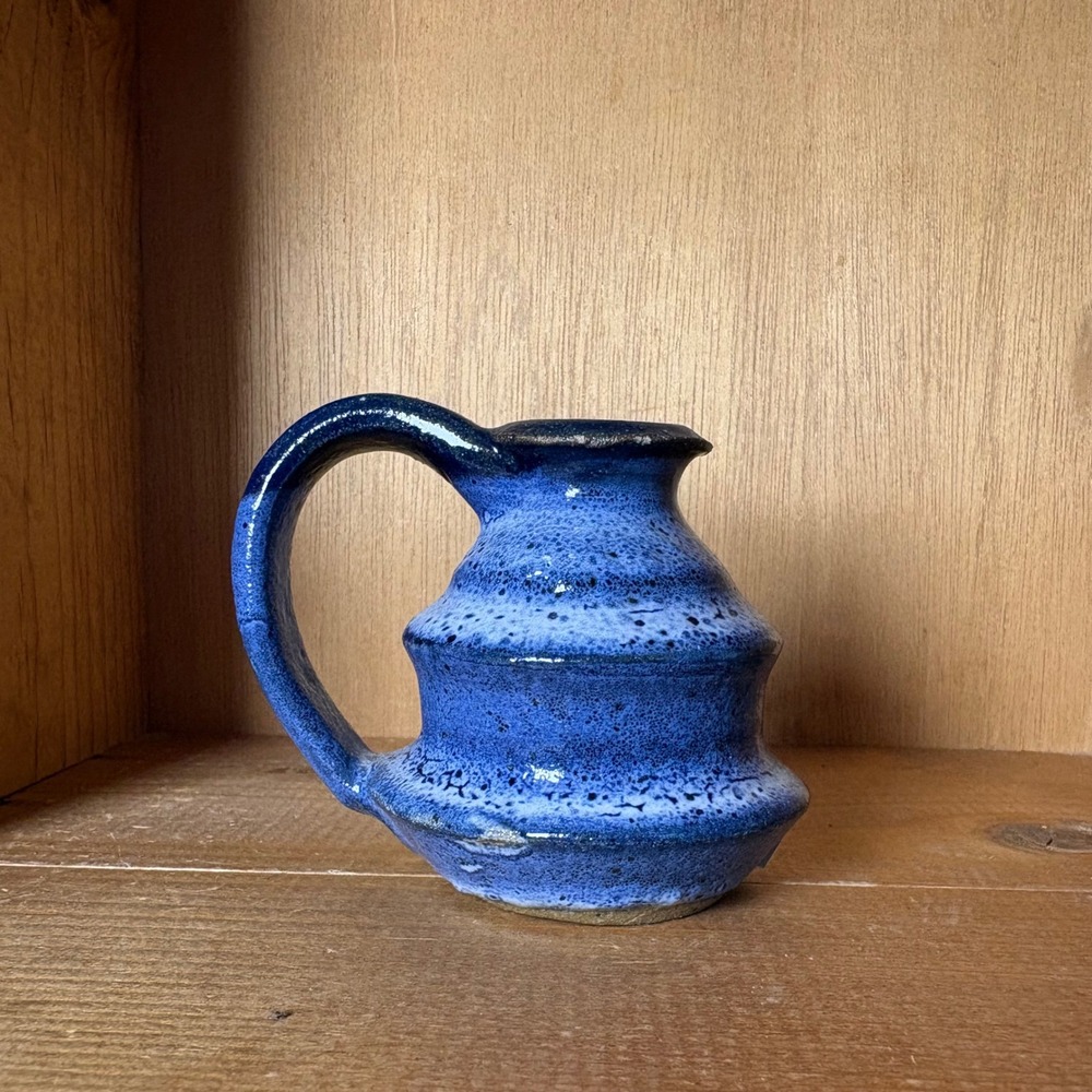 Handmade Studio Pottery Cobalt Blue Speckled Glaze Bud Vase Miniature Pitcher 3"